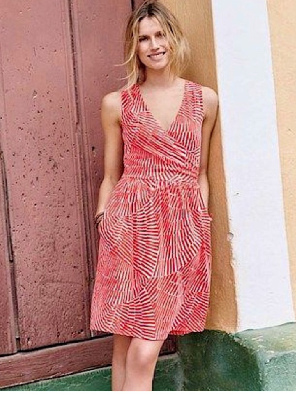 Boden Red and White Sleeveless V-Neck Midi Dress - Picture 3 of 11